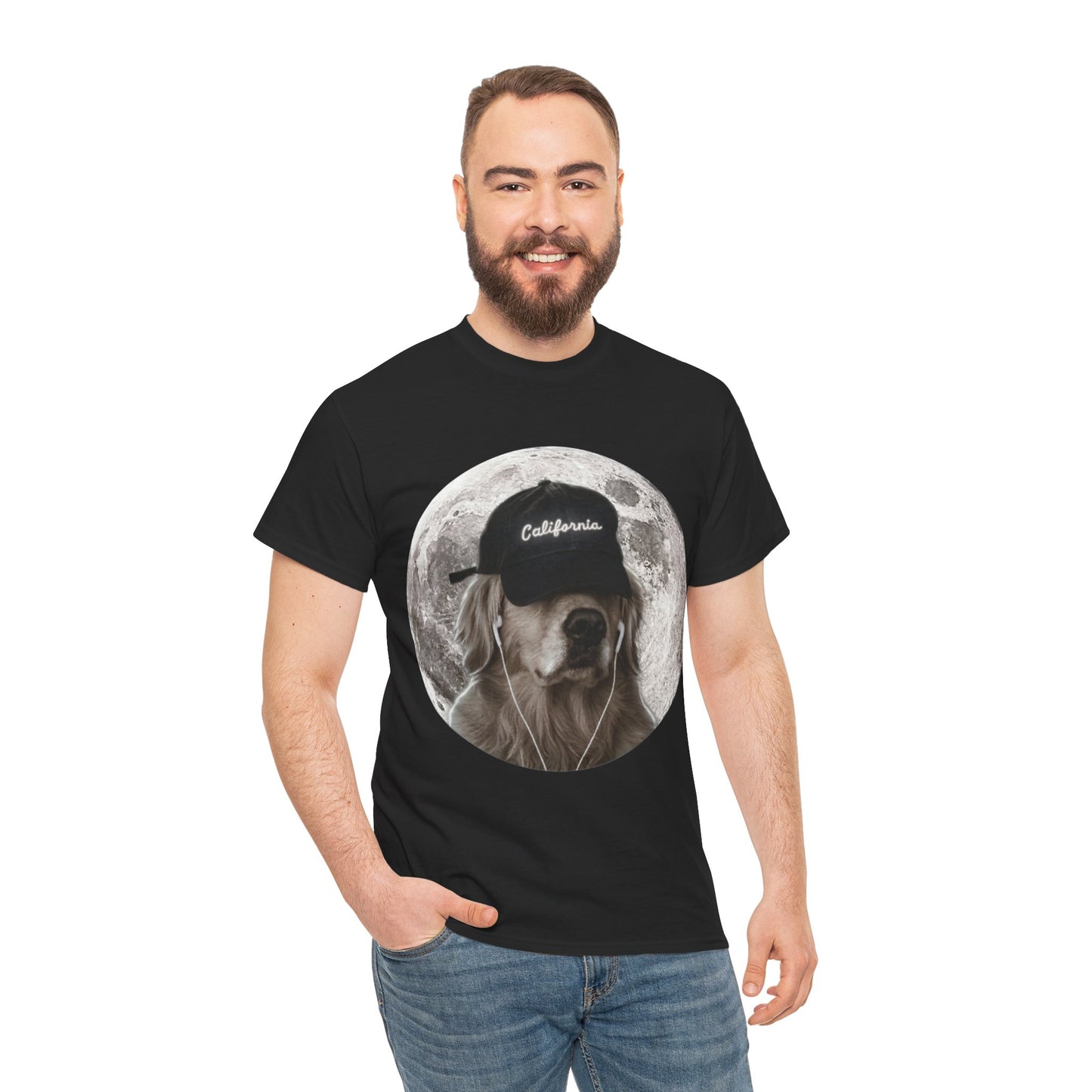 Dog Moon Tee — Golden Retriever Wearing 'California' Cap Graphic T-Shirt