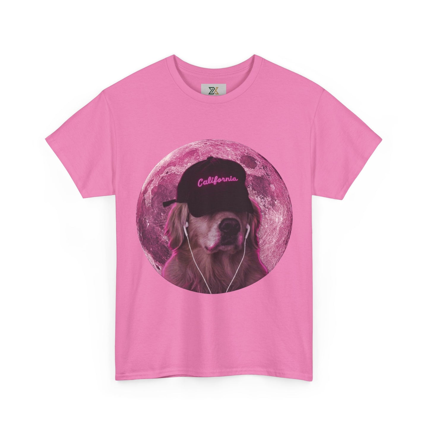 Dog Pink Moon Tee — Golden Retriever with Headphones