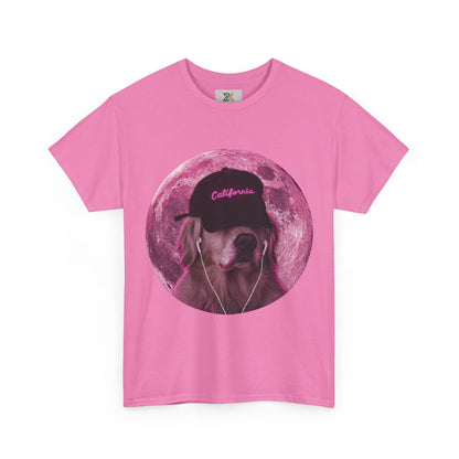 Dog Pink Moon Tee — Golden Retriever with Headphones