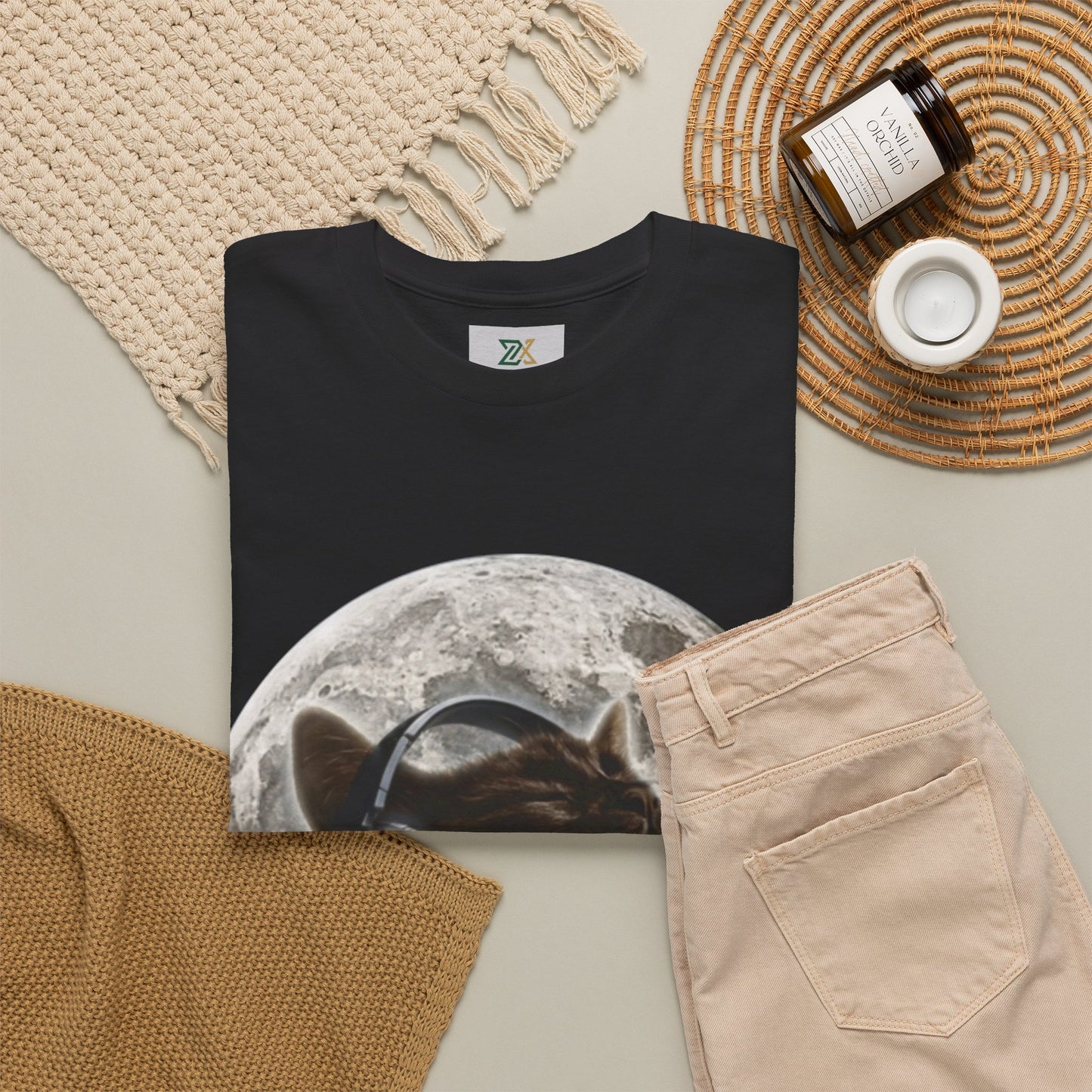 Moonlit Cat Headphones T-Shirt — Cat Listening to Music Graphic Tee